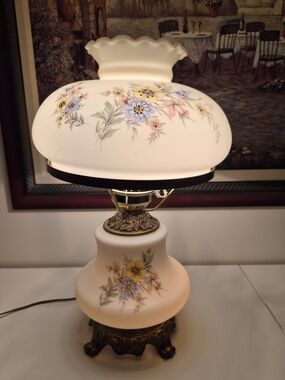 Vintage Floral Milk Glass Table Lamp - Hurricane  Pastel Yellow & Blue Flowers